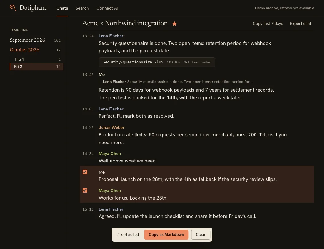 The Dotiphant viewer in a browser: the Acme x Northwind integration group chat, with two messages about the launch date selected and a 'Copy as Markdown' button at the bottom.