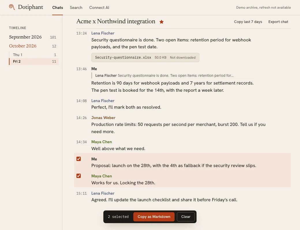 The Dotiphant viewer in a browser: the Acme x Northwind integration group chat, with two messages about the launch date selected and a 'Copy as Markdown' button at the bottom.
