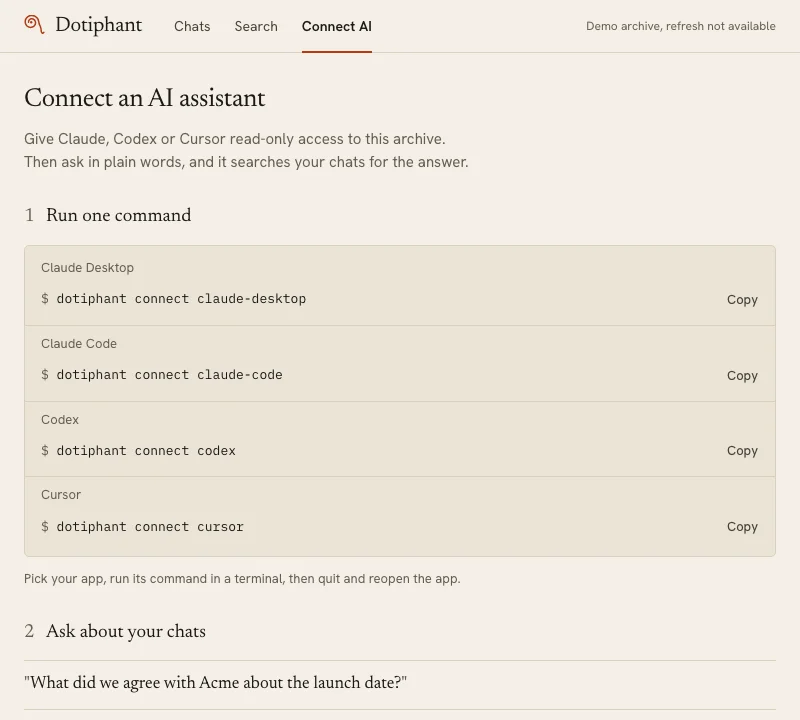 Dotiphant's Connect AI page listing one command each for Claude Desktop, Claude Code, Codex and Cursor, with example questions below.