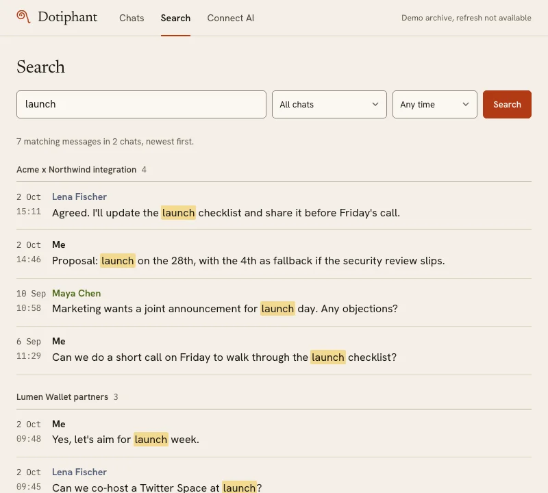 Search results for 'launch' across chats, with the matching word highlighted in each message.